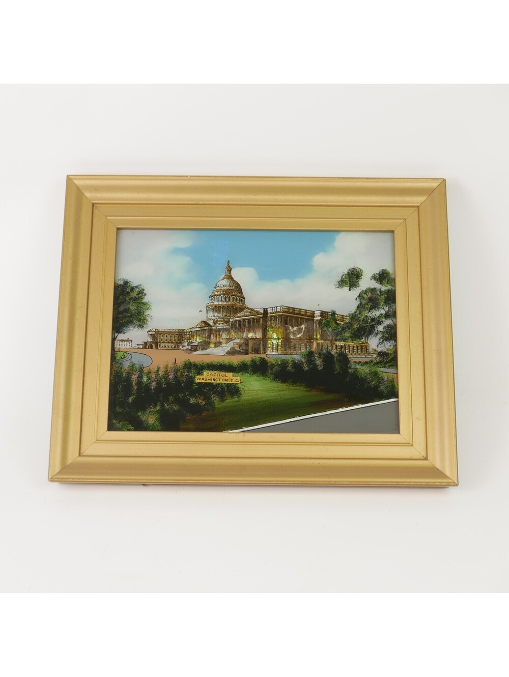 Antique US Capitol Reverse Painting on Glass Mother of Pearl Dunham Specialty NY